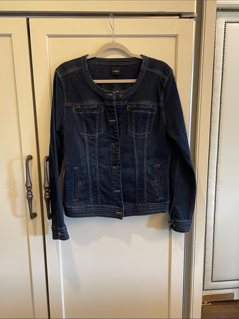Liverpool Collarless Denim Jacket in Dark Wash Blue, Size XL - Picture 3 of 9